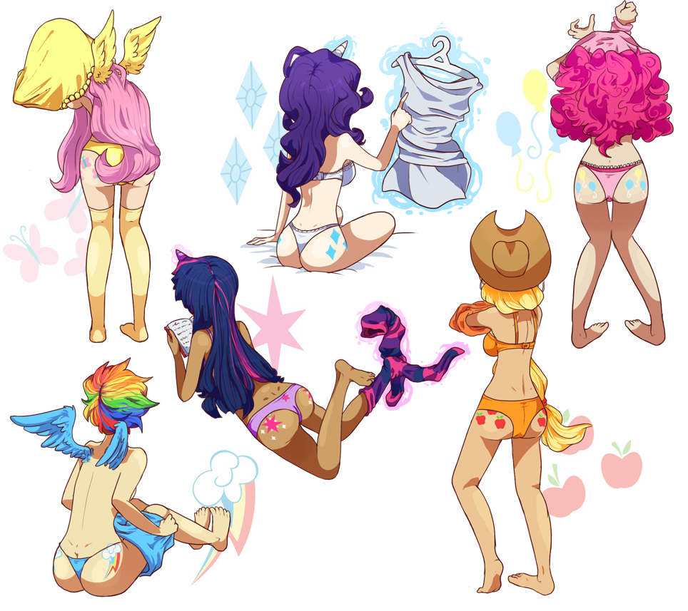 applejack_(mlp) book bra butt clothing cowboy_hat cutie_mark dress equine female fluttershy_(mlp) friendship_is_magic glowing hair hat horn human humanized kuiox legwear magic mammal multi-colored_hair my_little_pony panties pegasus pink_hair pinkie_pie_(mlp) purple_hair rainbow_dash_(mlp) rainbow_hair rarity_(mlp) reading shirt socks sweater tan_skin thigh_highs thong twilight_sparkle_(mlp) two_tone_hair underwear undressing unicorn wings