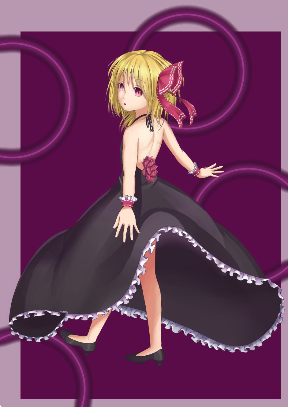 :o alternate_costume backless_dress backless_outfit bare_shoulders blonde_hair border dress flower hair_ribbon high_heels highres looking_at_viewer looking_back max_(akaityou) outstretched_arms purple_background red_eyes ribbon rumia shoes short_hair solo spread_arms touhou walking wrist_cuffs