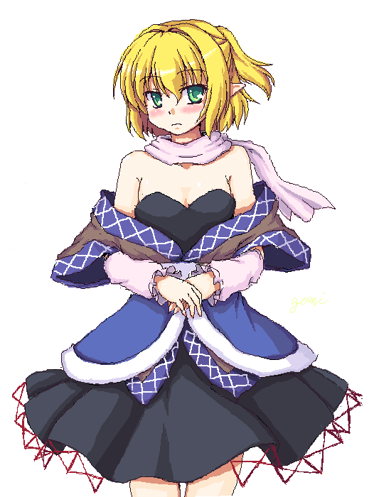 arm_warmers bad_id bad_pixiv_id bare_shoulders blonde_hair blush breasts cleavage dress green_eyes half_updo isaki_(gomi) medium_breasts mizuhashi_parsee pointy_ears scarf short_hair simple_background solo touhou white_background