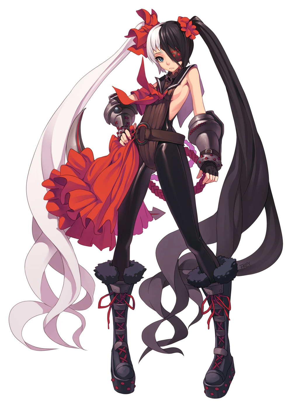 blade_&amp;_soul boots eyepatch fkey highres long_hair multicolored_hair pohwaran solo twintails two-tone_hair