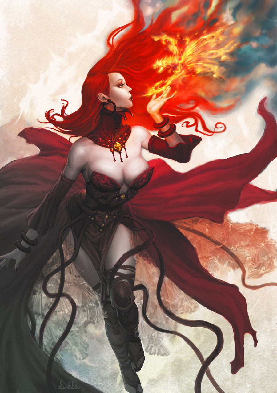 1girl bare_shoulders breasts cleavage defense_of_the_ancients detached_sleeves dress earrings female fire highres jewelry large_breasts lina_(defense_of_the_ancients) long_hair red_dress red_hair sandals sleeveless solo