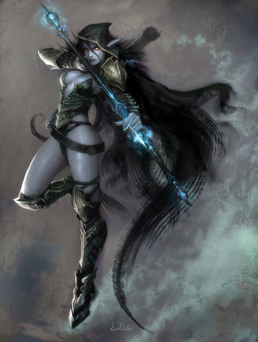 1girl armor arrow black_hair bow breasts defense_of_the_ancients drow_ranger large_breasts long_hair pointy_ears solo traxex weapon