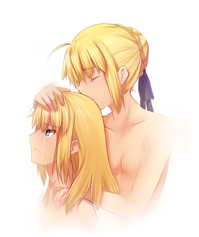 artoria_pendragon_(all) braid breasts crying crying_with_eyes_open fate/apocrypha fate/stay_night fate_(series) french_braid green_eyes hair_bun hair_kiss hair_ribbon hair_up hug hug_from_behind long_hair mordred_(fate) mordred_(fate)_(all) mother_and_daughter multiple_girls nude ribbon saber small_breasts tears tusia