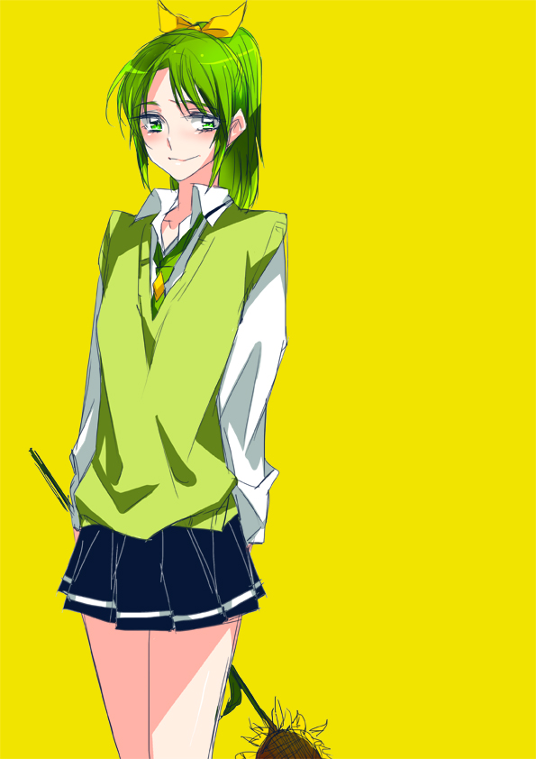 arms_behind_back flat_chest flower green_hair midorikawa_nao nanairogaoka_middle_school_uniform precure school_uniform simple_background skirt smile_precure! solo sunflower tima yellow_background