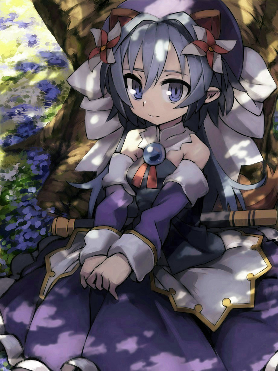animal_ears bad_id bad_pixiv_id bare_shoulders blue_eyes blue_hair bow brooch dappled_sunlight extra_ears flower hair_ornament hat highres jewelry long_hair looking_at_viewer matsuhime_mujina pinwheel pointy_ears ppopar raccoon_ears shade shinrabanshou sitting solo sunlight tail tree tree_shade v_arms