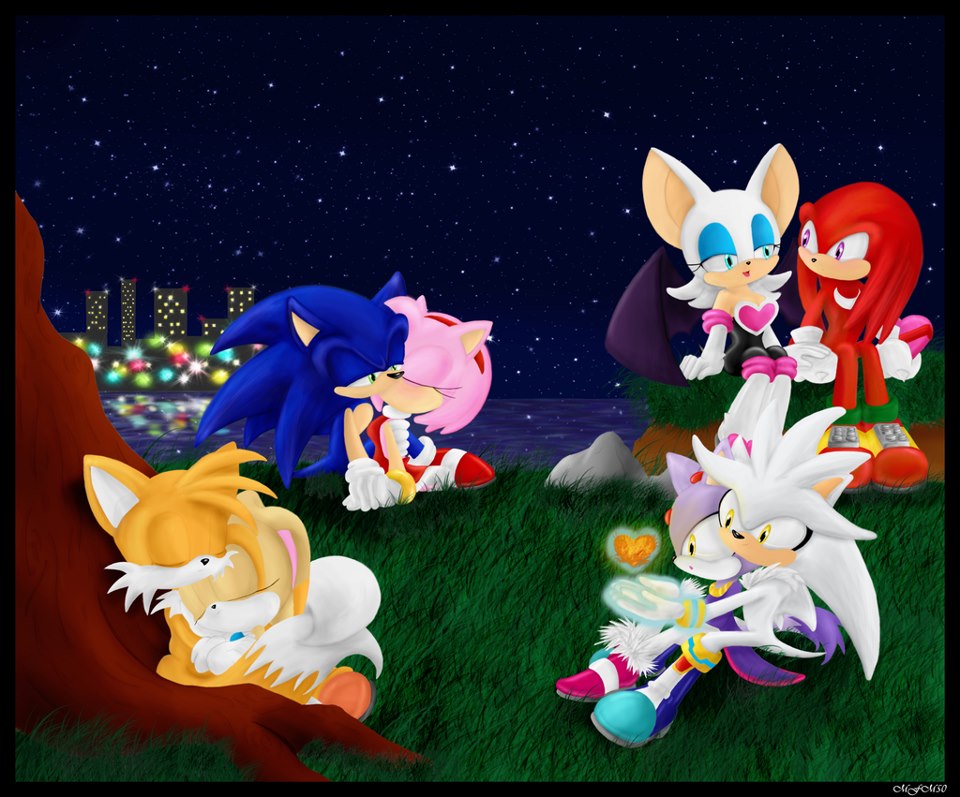 amy_rose anthro blaze_the_cat blue_fur canine clothing cream_the_rabbit cute female fox fur gloves hedgehog kissing knuckles_the_echidna male mammal mfm50_(artist) miles_prower multiple_tails night outside pink_fur purple_fur red_fur rouge_the_bat sega shoes silver_the_hedgehog sleeping sonic_(series) sonic_the_hedgehog white_fur yellow_fur