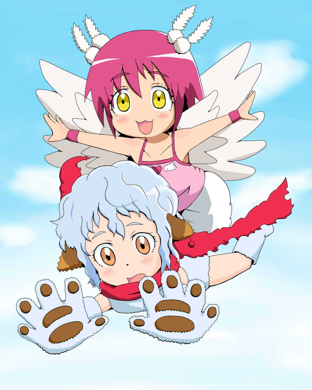 :d blush camisole collarbone commentary_request feathered_wings feathers flying gloves harpy harpy_(muromi-san) highres monster_girl multiple_girls namiuchigiwa_no_muromi-san open_mouth outstretched_arms paw_gloves paws red_scarf scarf smile sweatband tareme wings yeti_(muromi-san) yuureidoushi_(yuurei6214)