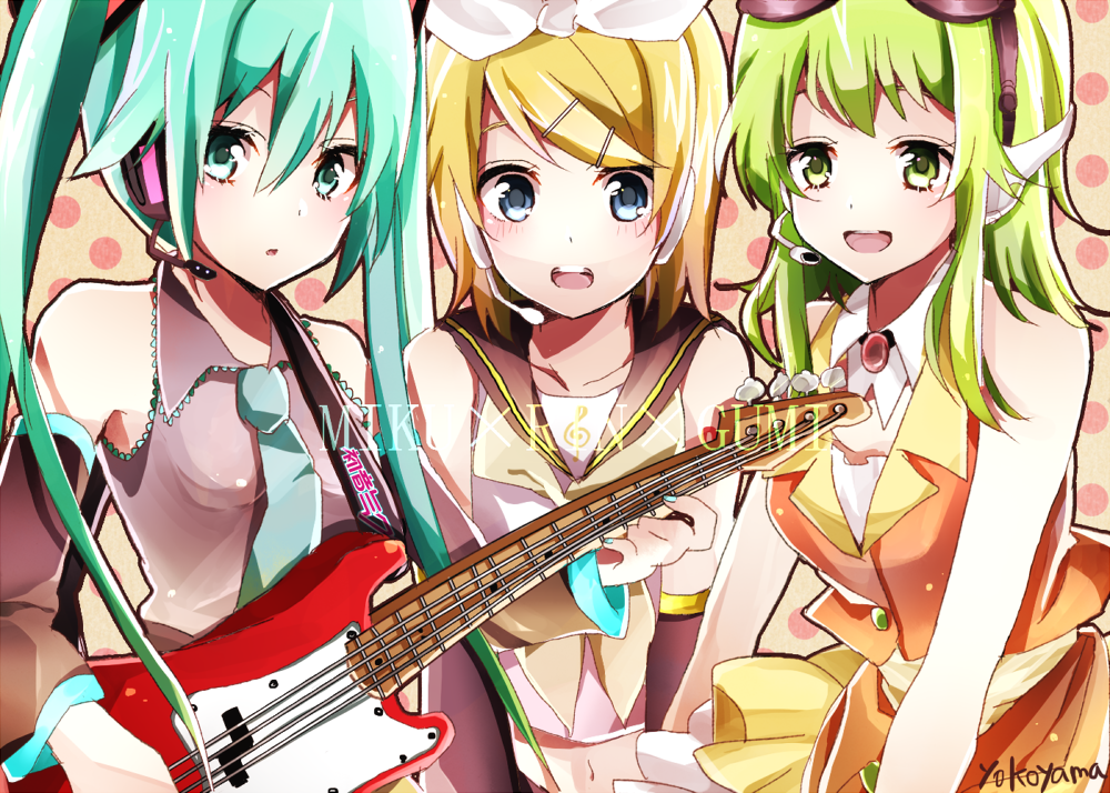 artist_name bad_id bad_pixiv_id blonde_hair blue_eyes character_name detached_sleeves electric_guitar green_eyes green_hair guitar gumi hair_ornament hair_ribbon hairclip hatsune_miku headset instrument kagamine_rin long_hair midriff multiple_girls navel necktie open_mouth ribbon short_hair twintails vocaloid yokoyama