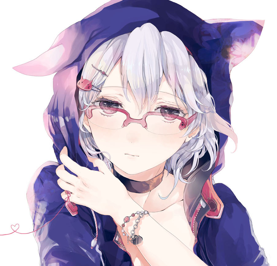 animal_hood brown_eyes cat_hood choker face glasses hair_ornament hairclip heart heart_of_string hood hoodie looking_at_viewer original red-framed_eyewear red_string sakuragi_kei short_hair silver_hair simple_background solo string white_background