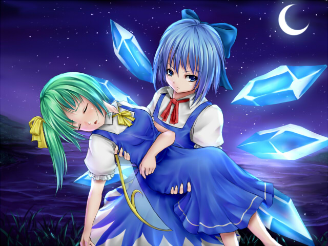 :o blue_eyes blue_hair carrying cirno crescent_moon daiyousei dress fairy_wings grass green_hair lake leaning lely looking_at_viewer moon multiple_girls night night_sky princess_carry ribbon short_hair short_sleeves side_ponytail sky touhou unconscious wings