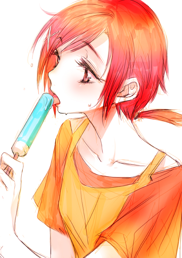 flat_chest food hino_akane_(smile_precure!) orange_shirt popsicle precure red_eyes red_hair shirt short_hair simple_background smile_precure! solo tima white_background