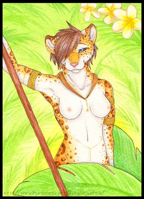 feline female hair_over_eye jaguar josepaw looking_at_viewer mammal nipples nude polearm solo staff tribal