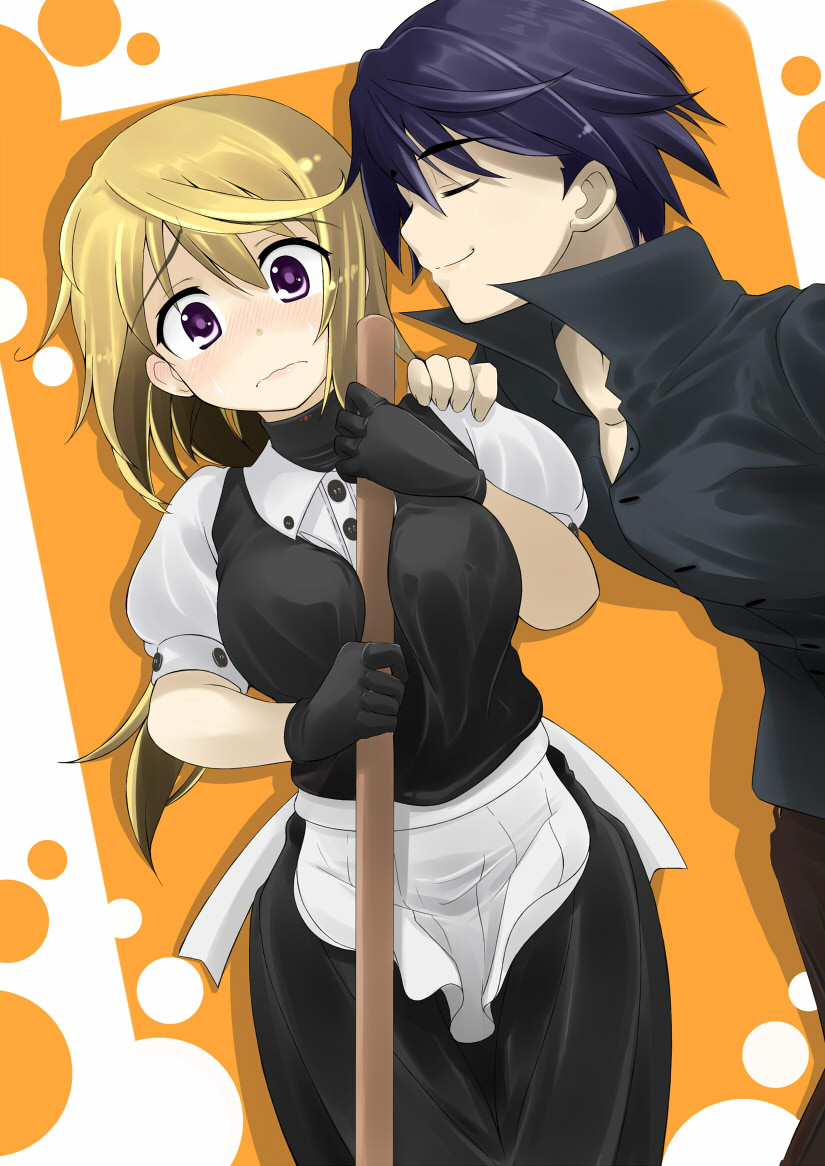 1boy 1girl black_hair blonde_hair charlotte_dunois infinite_stratos orimura_ichika purple_eyes