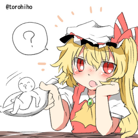blonde_hair blush fang flandre_scarlet hat lowres open_mouth rebecca_(keinelove) red_eyes ribbon rice_spoon short_hair spoon table touhou