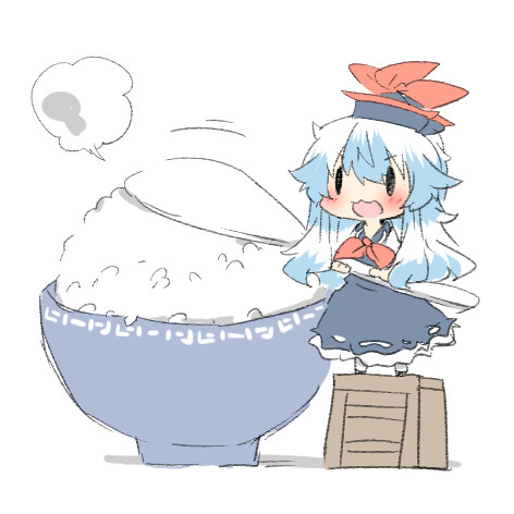 black_eyes blue_hair blush bowl hat kamishirasawa_keine ladder long_hair lowres open_mouth rebecca_(keinelove) rice rice_spoon smile spoon touhou