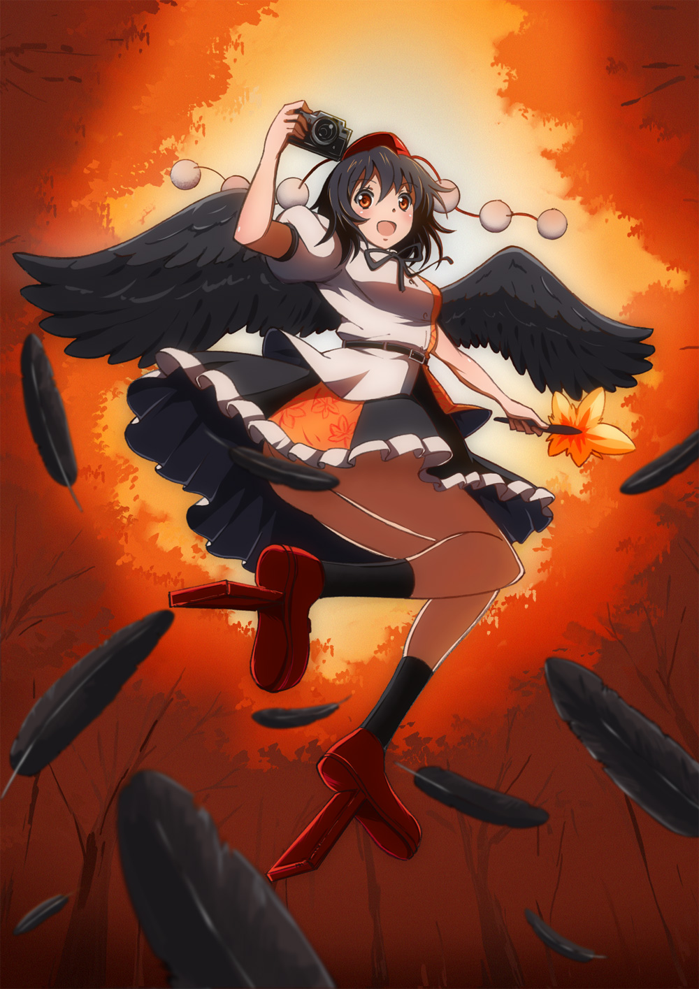 bad_id bad_pixiv_id black_hair camera censored convenient_censoring full_body hat highres julius_yu looking_at_viewer no_panties open_mouth pom_pom_(clothes) red_eyes shameimaru_aya short_hair smile solo tokin_hat touhou wings