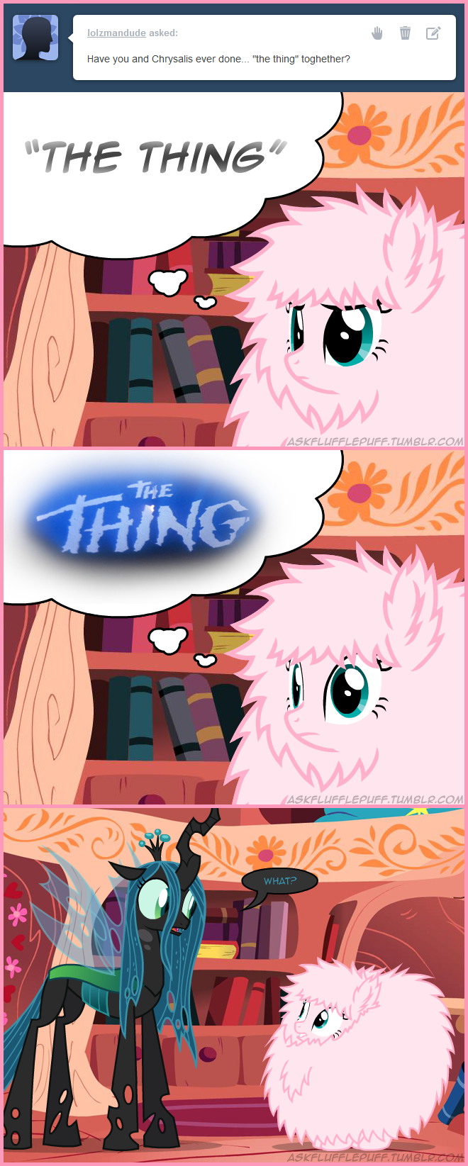 blue_eyes changeling crown duo equine female feral fluffle_puff fluffy friendship_is_magic green_eyes green_hair hair horn horse mammal mixermike622 my_little_pony navel nymph pink_hair pony queen_chrysalis_(mlp) tattered_wings the_thing thought_bubble tumblr