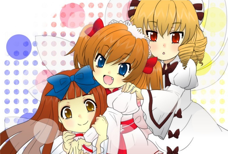 :o arm_grab blonde_hair blue_eyes bow brown_hair dress drill_hair fairy_wings fang hair_bow hand_on_another's_shoulder hat headdress hug hug_from_behind juliet_sleeves long_sleeves looking_at_viewer luna_child multiple_girls open_mouth polka_dot polka_dot_background puffy_sleeves red_eyes red_hair simple_background star_sapphire sunny_milk torika touhou twintails white_background wings yellow_eyes