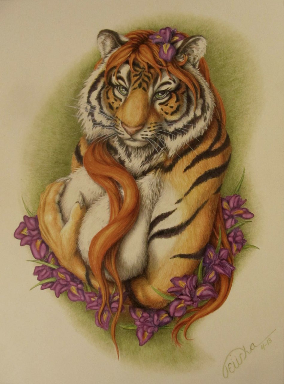 covering feline female flower flower_in_hair looking_at_viewer mammal solo teiirka tiger topless whiskers