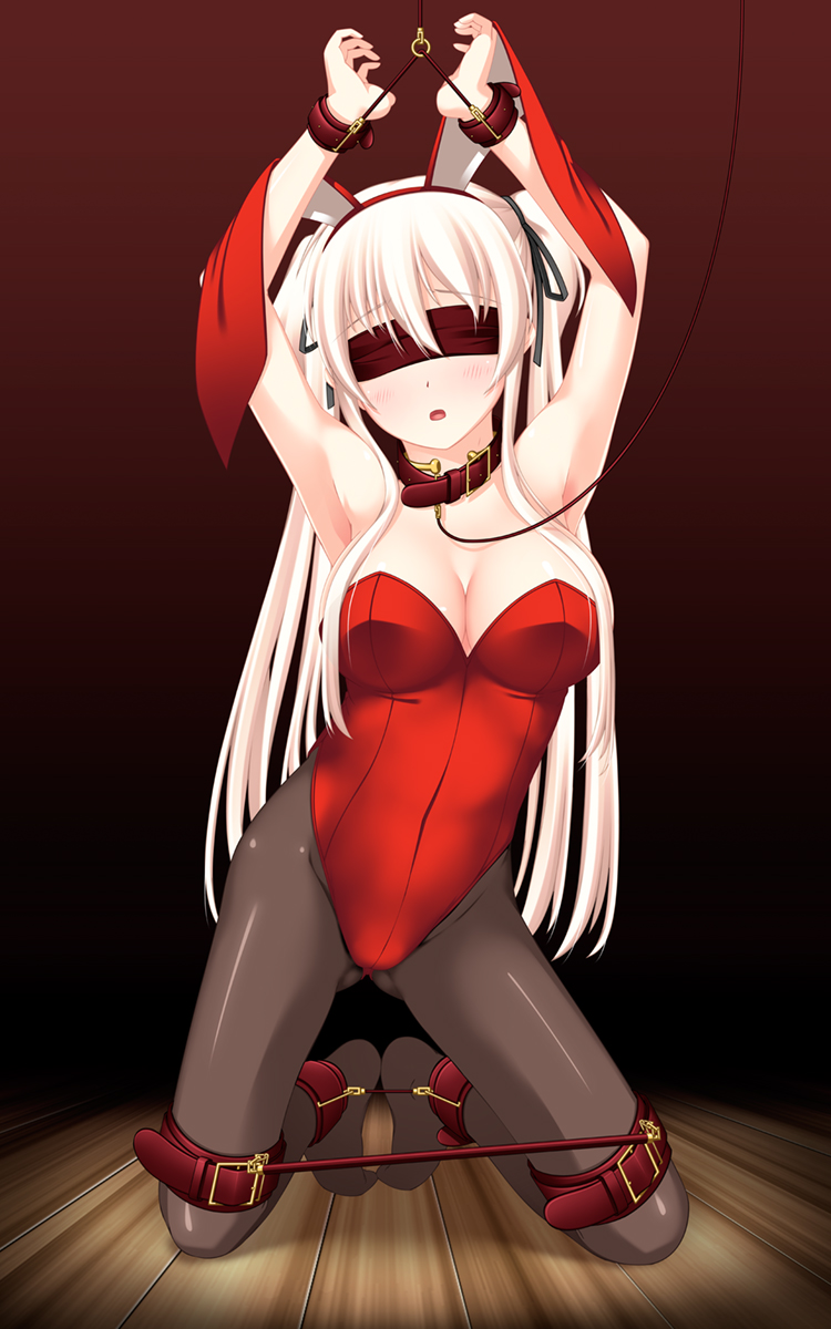 animal_ears armpits arms_up bangs bdsm black_legwear black_ribbon blindfold blush bondage bound breasts bunny_ears bunnysuit cleavage collar cuffs eyebrows_visible_through_hair facing_viewer hair_ribbon highres kneeling knees_apart_feet_together large_breasts leash leotard long_hair mabinogi nao_(mabinogi) open_mouth pantyhose red_blindfold red_leotard ribbon shiny shiny_skin slave solo spreader_bar twintails umitsubame white_hair wooden_floor