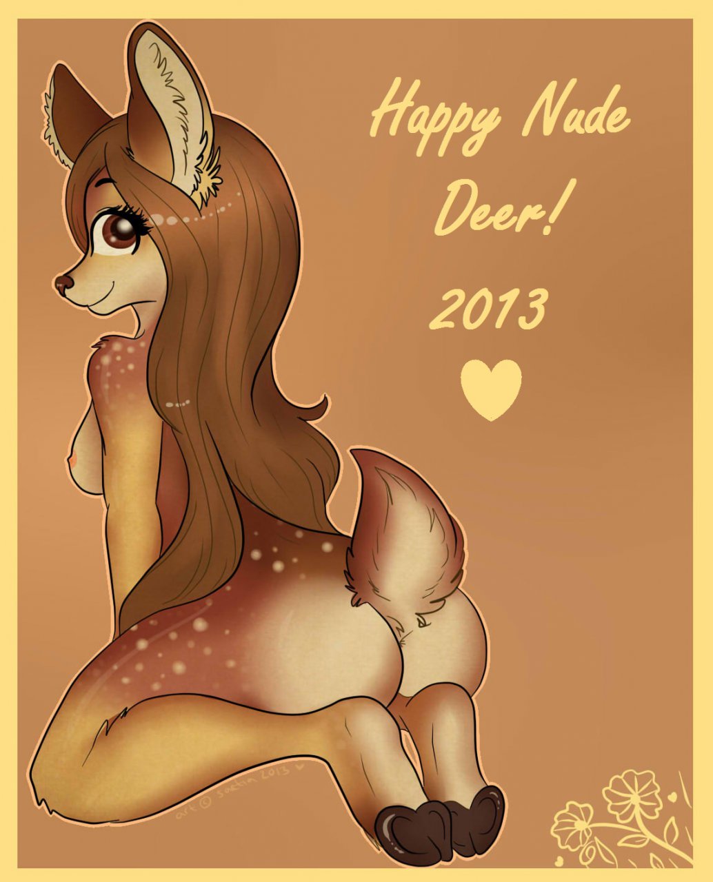 breasts butt cervine deer female happy_nude_deer hooves mammal nipples nude pinup pose saetia sitting solo