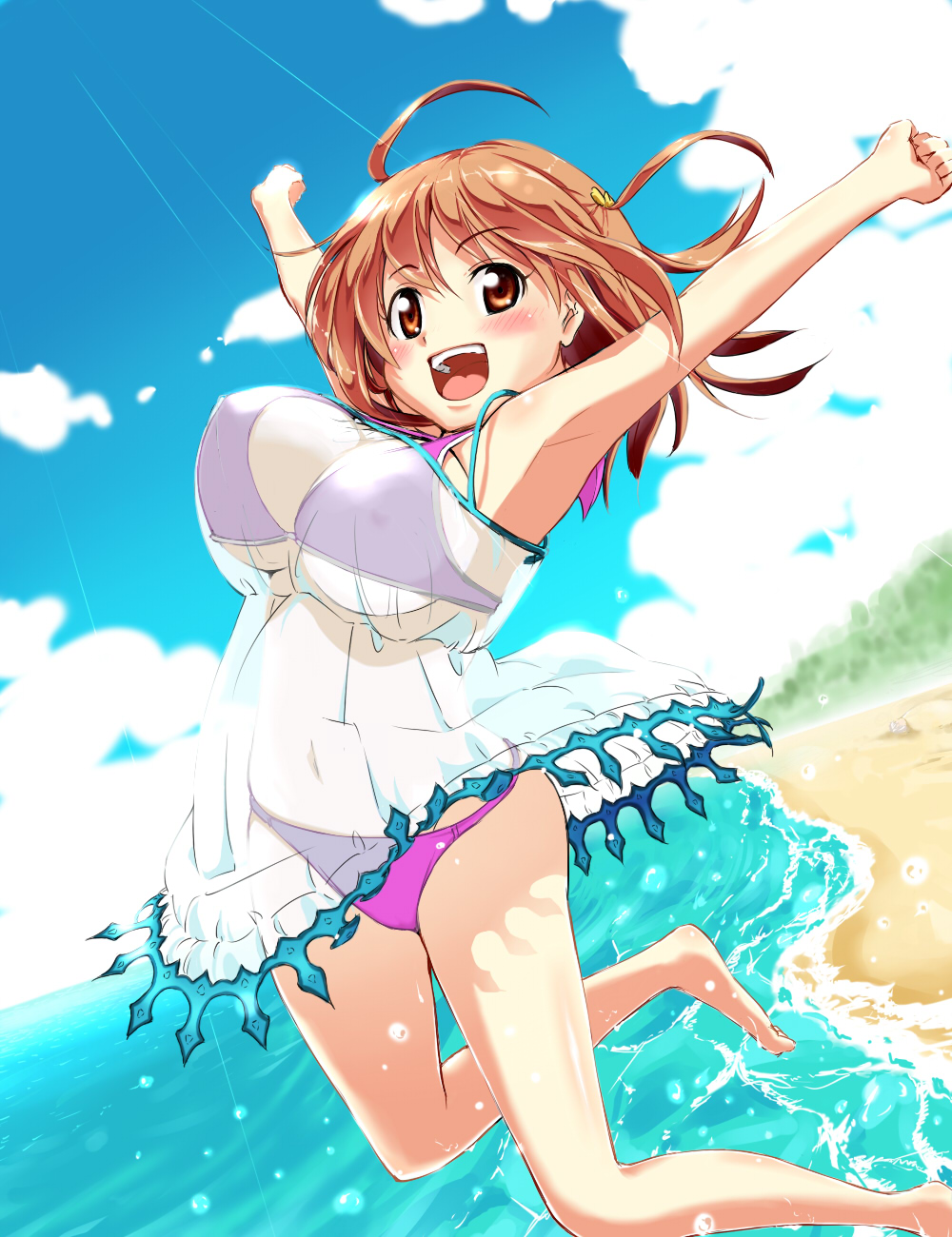 :d armpits bad_id bad_pixiv_id barefoot beach bikini bikini_under_clothes blush bouncing_breasts breasts brown_eyes brown_hair cloud day dress hataraku_maou-sama! highres kamina_a8ru large_breasts light_rays navel one_eye_closed open_mouth outdoors sasaki_chiho see-through short_hair sky smile solo sunbeam sundress sunlight swimsuit swimsuit_under_clothes twintails two_side_up