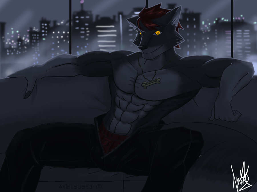 abs amber_eyes avielsusej biceps bulge canine city clothed clothing hair half-dressed looking_at_viewer male muscles necklace night pecs reclining red_hair sofa solo trousers underwear wolf