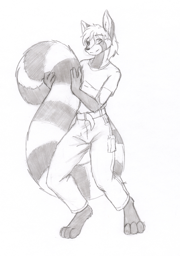 belt black_and_white canine clothing fox hair hybrid long_tail looking_at_viewer male mammal monochrome pants plain_background red_panda sketch solo tierafoxglove white_background