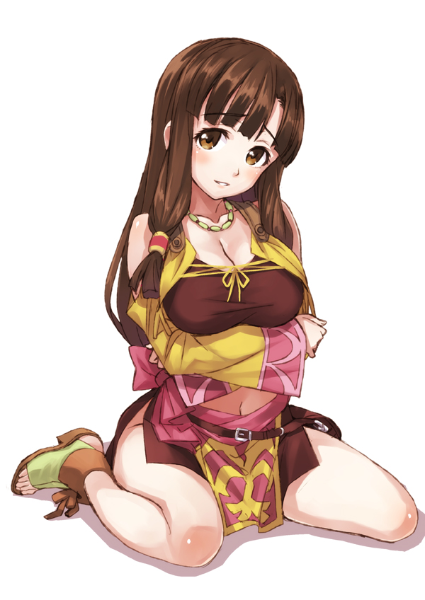 bag blush breast_hold breasts brown_eyes brown_hair cleavage jewelry large_breasts long_hair looking_at_viewer matsuryuu navel necklace parted_lips saaya_(suisei_no_gargantia) sandals satchel simple_background sitting smile solo suisei_no_gargantia wariza white_background