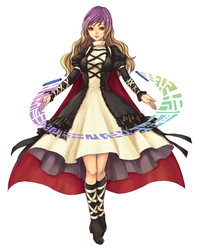 bad_id bad_pixiv_id boots cape detached_sleeves dress full_body gradient_hair high_collar hijiri_byakuren knee_boots light_smile long_hair looking_at_viewer multicolored_hair natsume_k outstretched_arms parted_lips puffy_short_sleeves puffy_sleeves short_sleeves simple_background solo sorcerer's_sutra_scroll spread_arms touhou white_background yellow_eyes