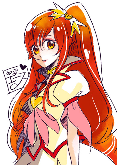 bow brooch character_name cnove cure_ace dokidoki!_precure dress hair_bow heart jewelry long_hair madoka_aguri magical_girl orange_eyes precure red_hair sketch solo white_background