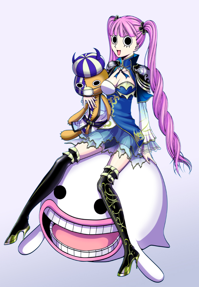 1girl alternate_costume boots breasts female ghost high_heel_boots high_heels kumacy long_hair one_piece one_piece:_pirate_warriors perona pink_hair pupupu solo thigh_boots thighhighs toy twintails