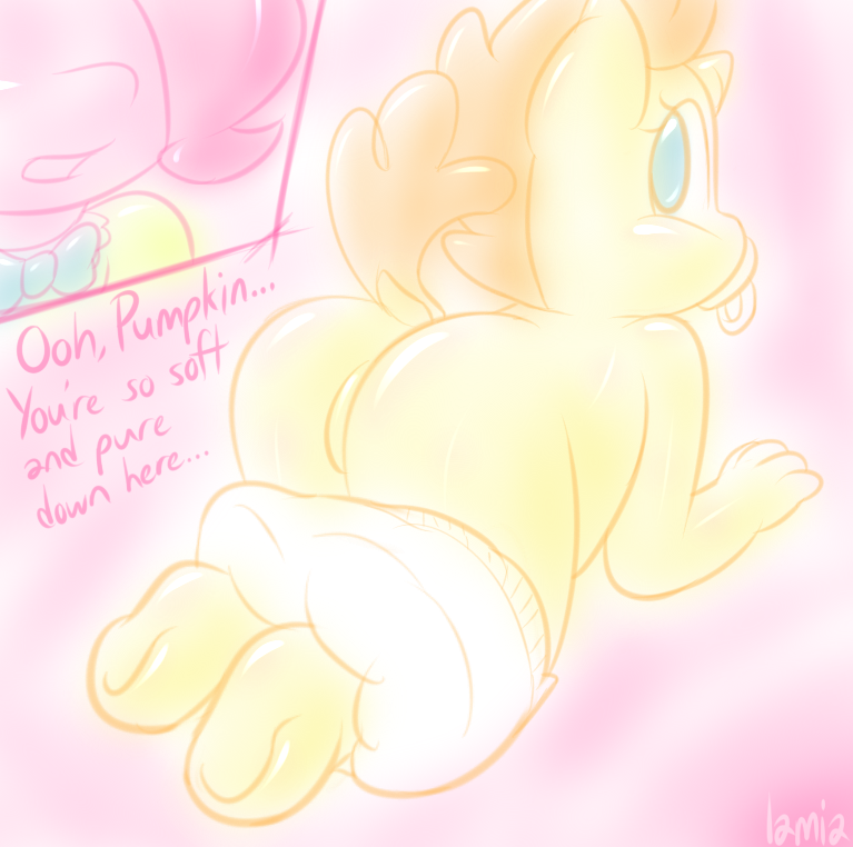 anthro anthrofied butt clothing cub diaper duo english_text equine female flaccid friendship_is_magic horn horse lamiaaaa looking_back male mammal my_little_pony penis pinkie_pie_(mlp) pony pumpkin_cake_(mlp) smile text unicorn young