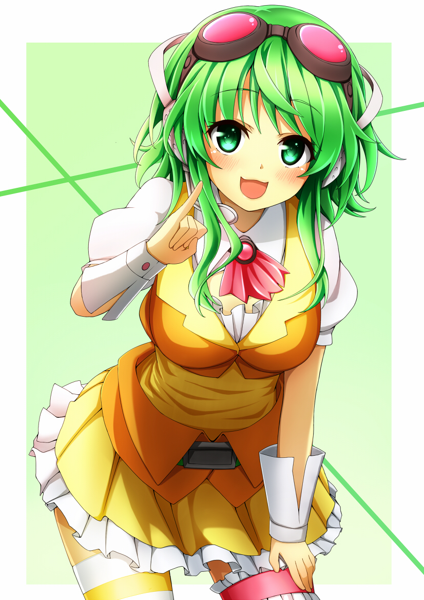 :3 blush breasts goggles goggles_on_head green_background green_eyes green_hair gumi jampen long_hair looking_at_viewer medium_breasts open_mouth short_hair_with_long_locks sidelocks skirt solo vocaloid