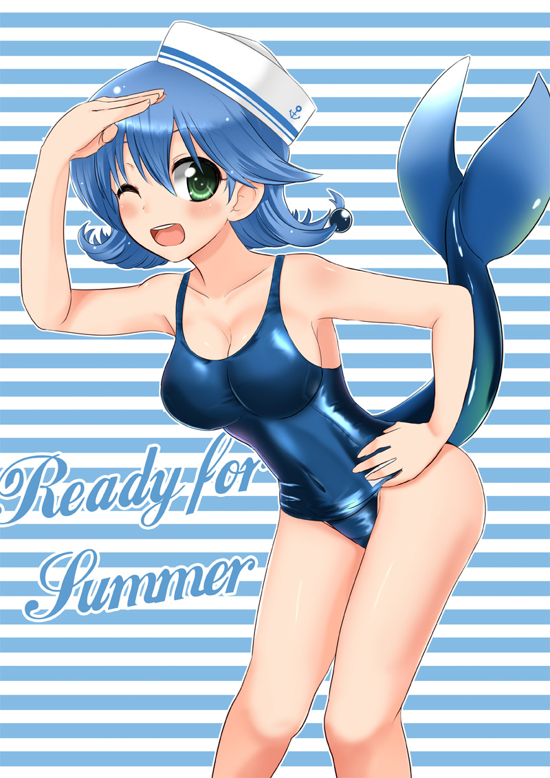 blue_hair blush bracelet breasts cleavage fish_tail green_eyes happy hat jewelry large_breasts mint_(cerbi) one-piece_swimsuit one_eye_closed original sailor_hat salute school_swimsuit short_hair solo swimsuit tail thighs