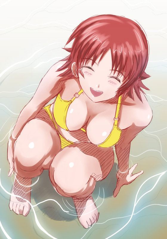 :d ^_^ arm_support barefoot beach bikini breasts cleavage closed_eyes from_above hoshikawa_maki large_breasts open_mouth red_hair shopyun short_hair smile solo squatting swimsuit tokimeki_memorial tokimeki_memorial_4 wading water yellow_bikini