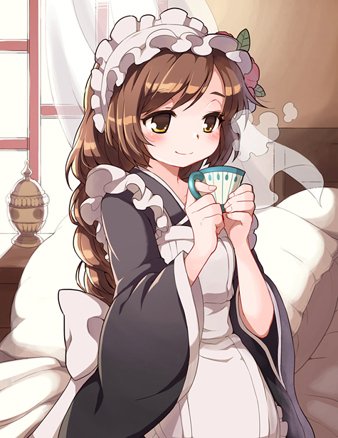 apron bed blush braid brown_eyes brown_hair character_request cup curtains japanese_clothes kimono leaf long_hair maid maid_headdress pillow smile solo sword_girls teacup window wooni