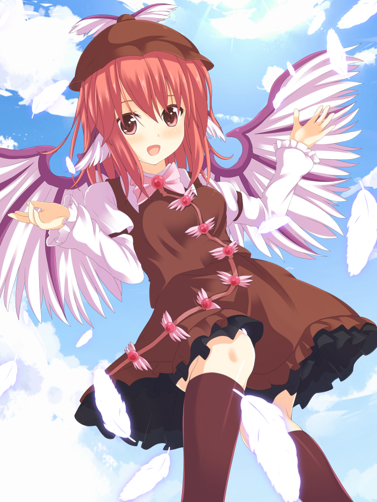 animal_ears bad_id bad_pixiv_id bow brown_legwear buttons cloud day dress feathers hat mystia_lorelei pink_hair reunion(spa) short_hair sky smile thighhighs touhou wings