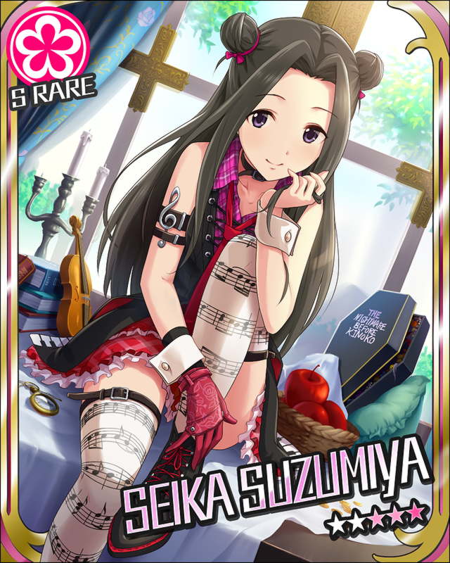 apple artist_request beamed_eighth_notes beamed_sixteenth_notes beamed_thirty-second_notes black_hair card_(medium) character_name dotted_quarter_note double_bun eighth_note english flower flower_(symbol) food fruit gloves idolmaster idolmaster_cinderella_girls instrument long_hair musical_note musical_note_print official_art print_legwear purple_eyes quarter_note solo staff_(music) suzumiya_seika thighhighs treble_clef violin