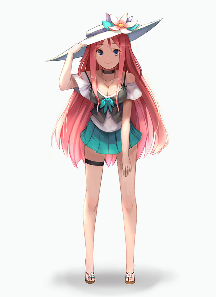 bad_id bad_pixiv_id bare_legs bare_shoulders blue_eyes breasts choker cleavage deneb_(noble324) hand_on_headwear hand_on_thigh hat jewelry large_breasts leaning_forward long_hair long_legs looking_at_viewer necklace original pink_hair pleated_skirt sandals sidelocks skirt smile solo sun_hat thigh_strap very_long_hair