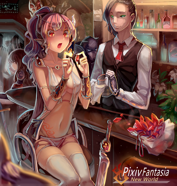 2girls bar black_hair bottle bracelet breasts cape chair cleavage collarbone crystal fire flame flower formal glass green_eyes hair_ornament horns jewelry leaf long_hair mechanical_arm medium_breasts multiple_girls navel open_mouth panties pixiv_fantasia pixiv_fantasia_new_world pointy_ears red_eyes red_hair shirt shoulder_armor sitting spaulders suit sword tattoo thighhighs underwear walzrj weapon white_legwear