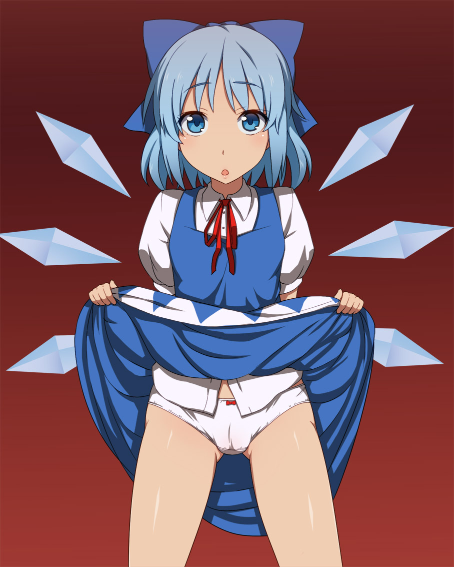 1girl :o blue_eyes bow cameltoe cirno dress dress_lift gradient gradient_background hair_bow ice ice_wings looking_at_viewer open_mouth panties short_hair simple_background solo touhou underwear white_panties wings