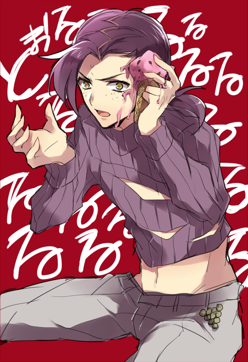 food freckles ice_cream ice_cream_cone jojo_no_kimyou_na_bouken male_focus midriff ponytail purple_hair solo sweater vinegar_doppio yellow_eyes yuzuru_(xxelysionxx)