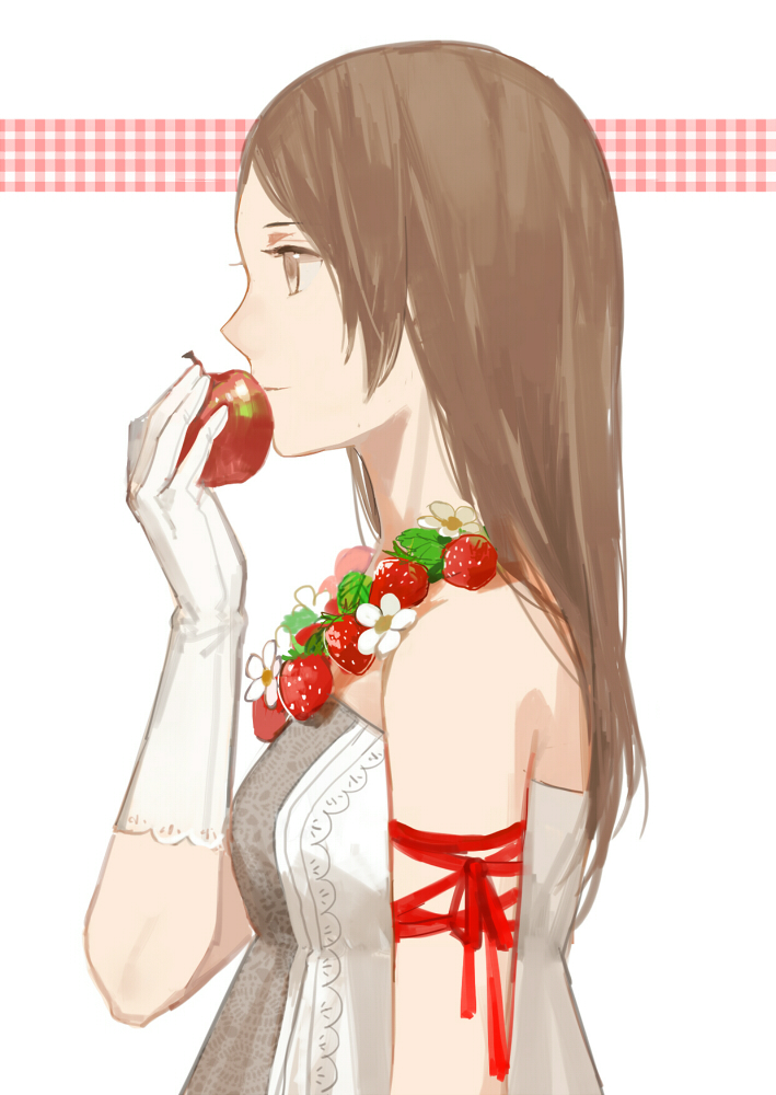 apple arm_ribbon brown_eyes brown_hair cotta flower flower_necklace food fruit gloves jewelry leaf long_hair necklace original profile ribbon solo strawberry strawberry_blossoms upper_body white_gloves