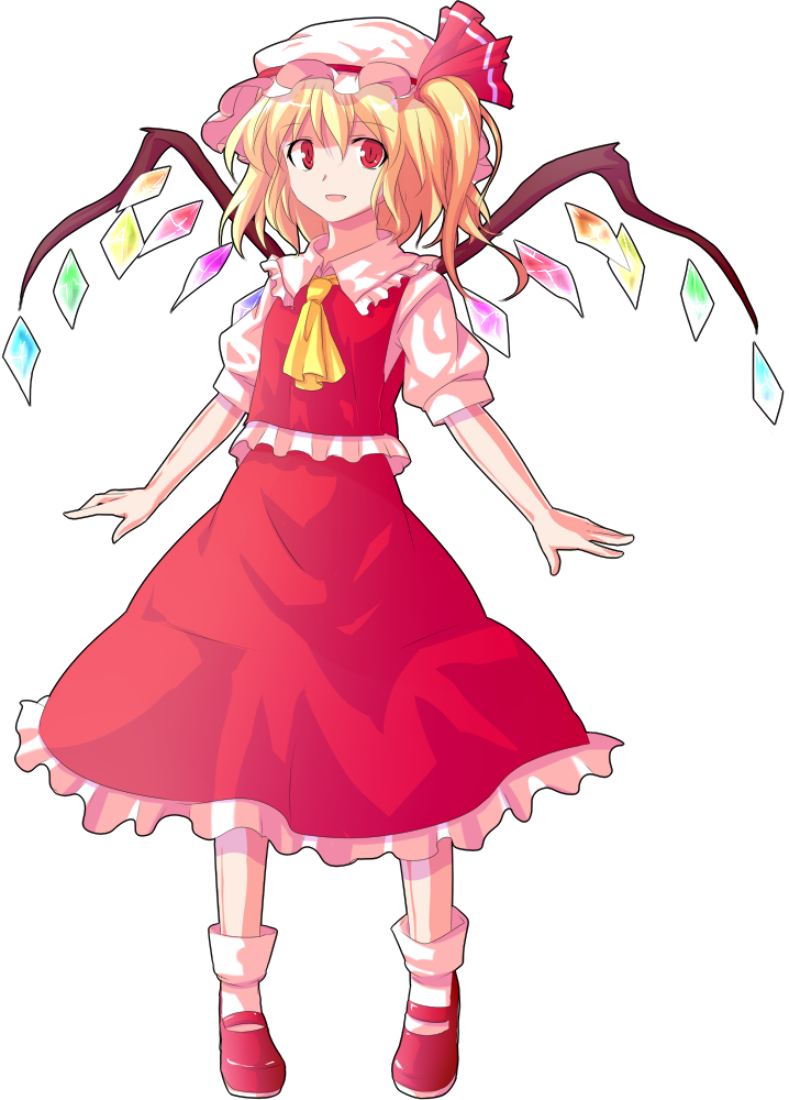 alphes_(style) ascot bad_id bad_pixiv_id blonde_hair dairi dress flandre_scarlet full_body hat mary_janes parody red_dress red_eyes shoes short_hair side_ponytail solo style_parody touhou transparent_background wings