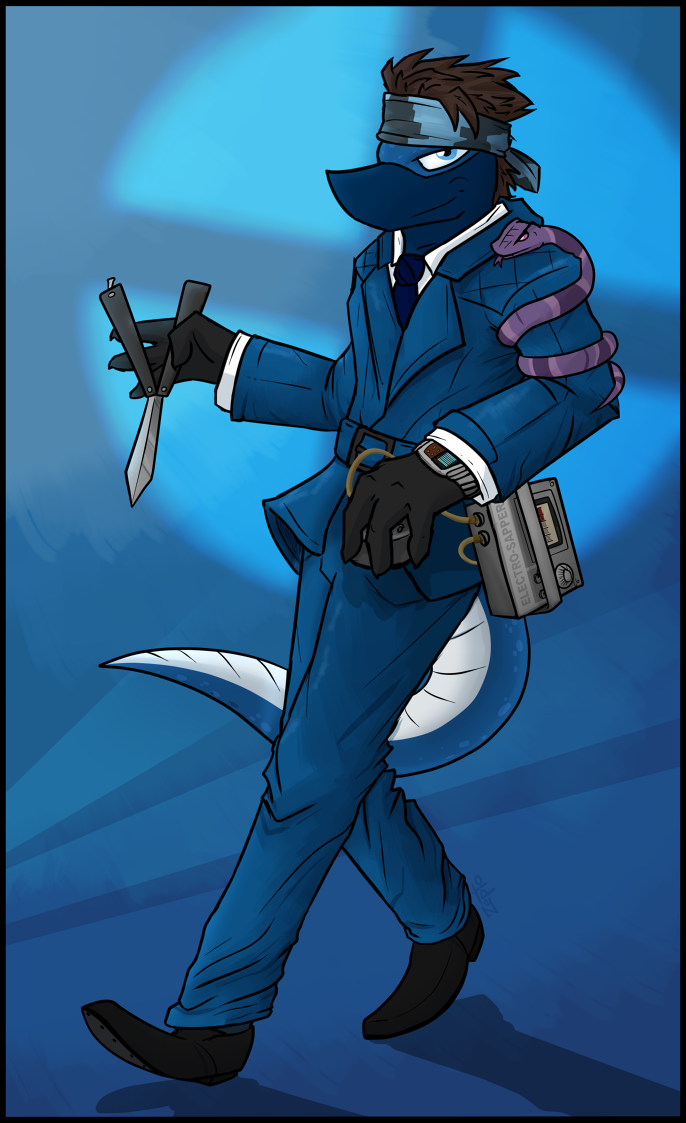 anthro bandanna captainzepto clothing cosplay costume dragon duo feral footwear knife looking_at_viewer male navarchus_zepto pose reptile scalie shoes snake spy_(team_fortress_2) team_fortress_2 valve video_games