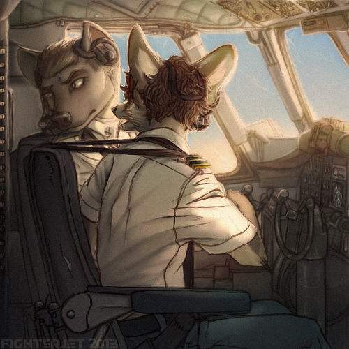 aircraft airplane canine cockpit fighterjet flying fox hyena lux lux_(character) male mammal pilot pilots sitting sky uniform