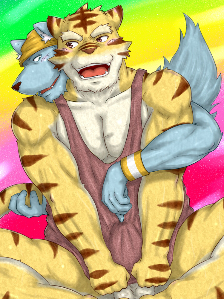 &#12360;&#12435;&#12411;&#12358; blush bottomless bulge canine feline gay hug male mammal muscles sitting tiger unknown_artist wolf