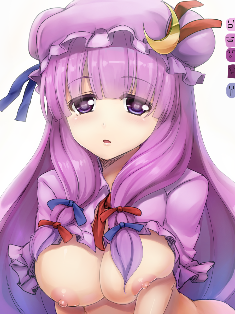 blush breasts crescent hair_ribbon hat heart heart-shaped_pupils highres large_breasts long_hair looking_at_viewer nipples patchouli_knowledge purple_eyes purple_hair ribbon simple_background solo sorano_(12gou) symbol-shaped_pupils touhou white_background