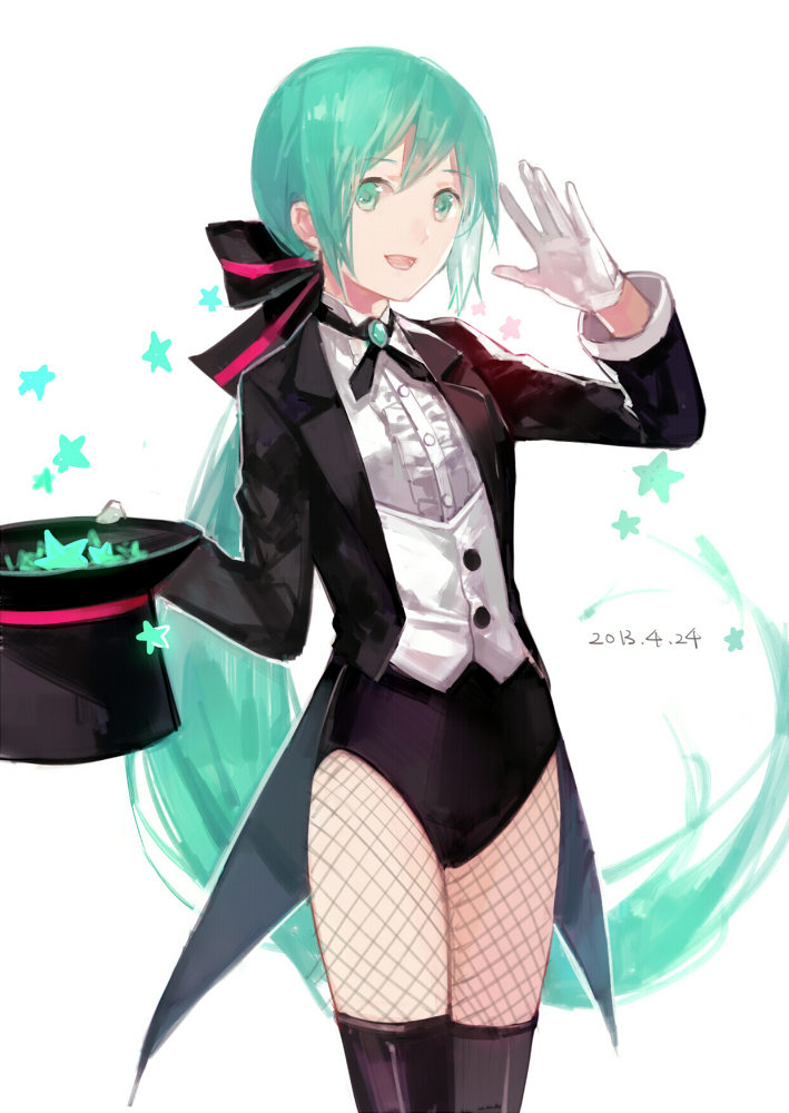 alternate_hairstyle aqua_eyes aqua_hair black_hat black_jacket black_ribbon brooch center_frills collared_shirt cotta dated dress_shirt fishnet_pantyhose fishnets flat_chest gloves hat hat_basket hat_removed hatsune_miku headwear_removed holding holding_hat jacket jewelry leotard long_hair long_sleeves low_ponytail magician magician_(module) miracle_paint_(vocaloid) open_mouth pantyhose project_diva project_diva_(series) ribbon salute shirt simple_background smile solo star tailcoat thighhighs top_hat very_long_hair vocaloid waistcoat white_background white_gloves white_shirt